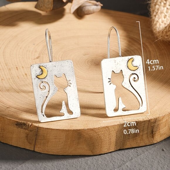 The Cat & The Moon Silver Dipped Gold Accent Keepsake Gift Dangle Earrings NEW - Picture 5 of 8